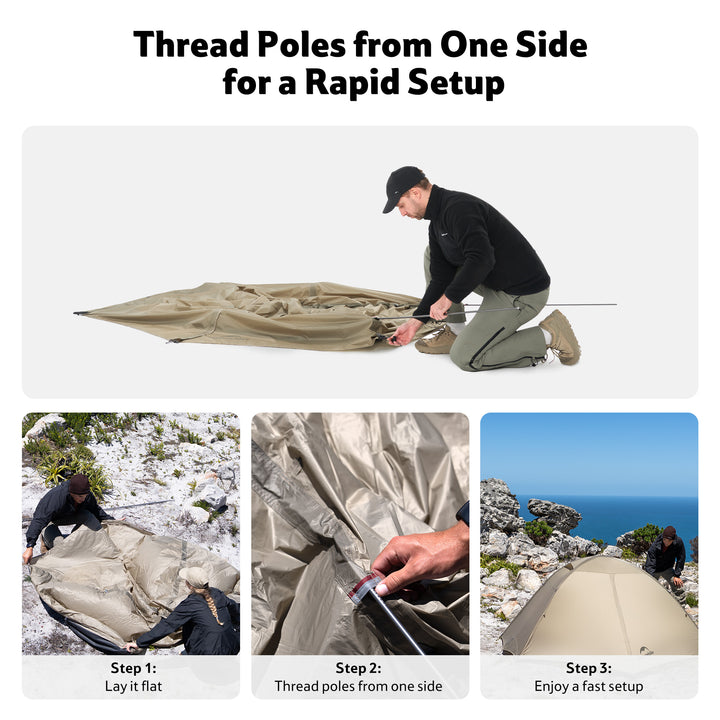 Naturehike Giling PRO 1-person 4-season backpacking tent setup step showing pole threading from one side for quick and efficient pitching, lightweight waterproof solo tent for hiking, trekking, and camping.