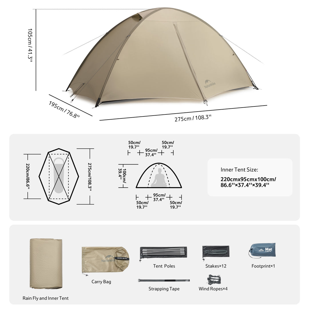 Naturehike Giling PRO 1-person backpacking tent specifications showing dimensions, weight, and included accessories, lightweight 4-season solo camping tent for hiking, trekking, and backpacking.