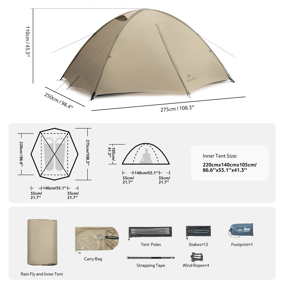 Naturehike Giling PRO 2-Person 4-Season backpacking tent dimensions and specifications, including floor area, packed size, and full accessories list, ideal for hiking, trekking, and outdoor camping planning.