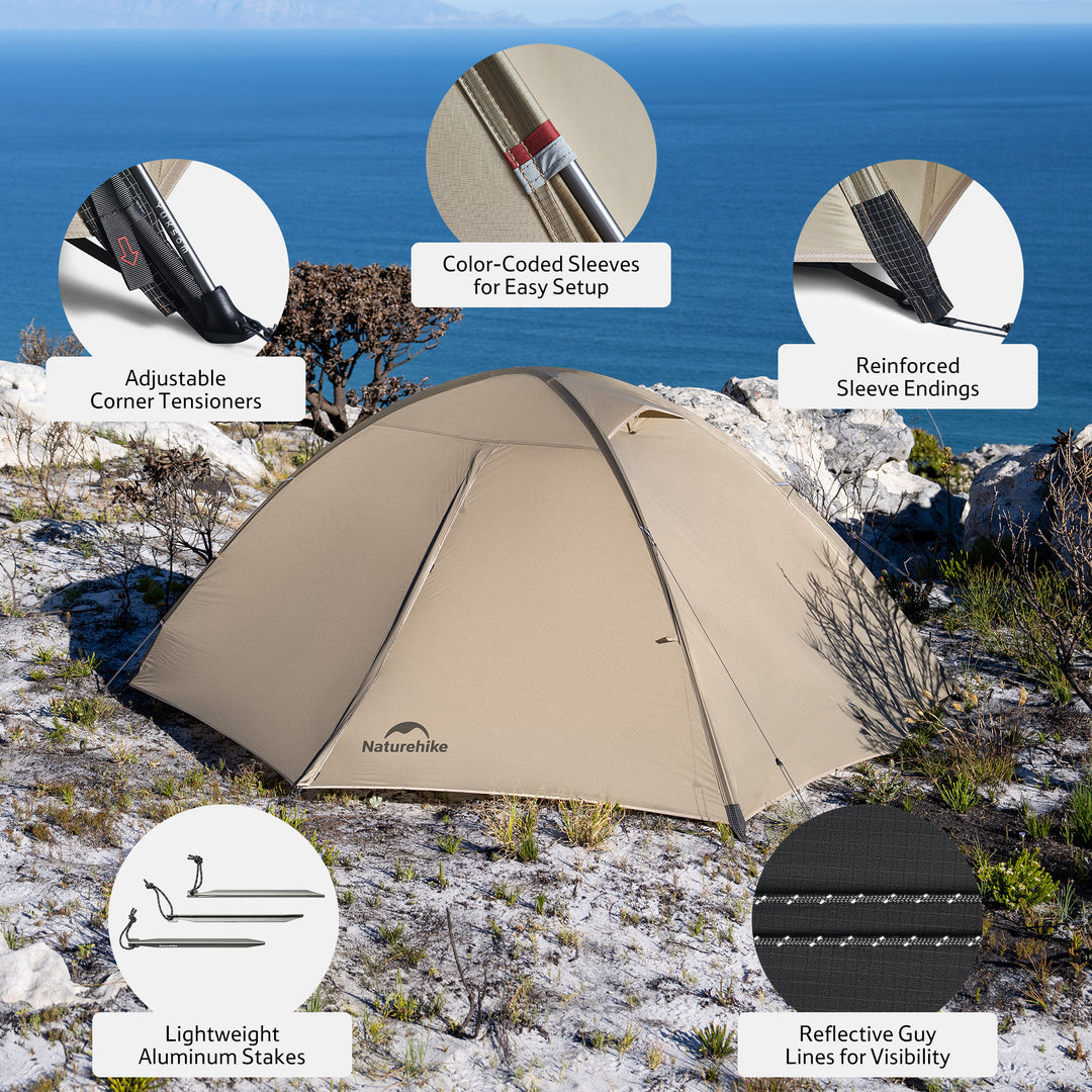 Naturehike Giling PRO 2-Person 4-Season backpacking tent feature details, showcasing multiple functional design elements including reinforced structure, ventilation system, durable fabric, and easy setup for reliable outdoor performance.