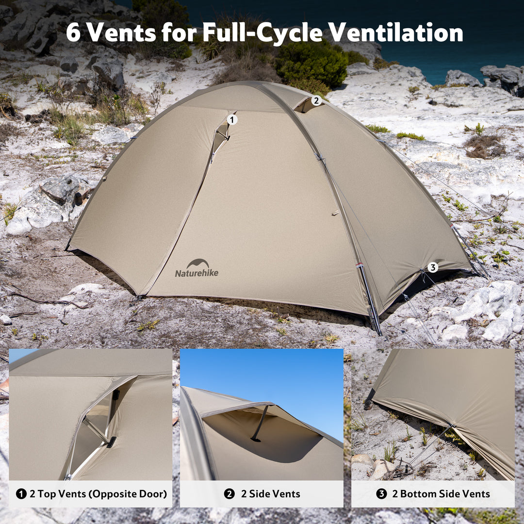 Naturehike Giling PRO 2-Person 4-Season backpacking tent with 6 ventilation vents, enhanced airflow system for improved breathability and reduced condensation, designed for comfortable hiking, trekking, and all-season camping.