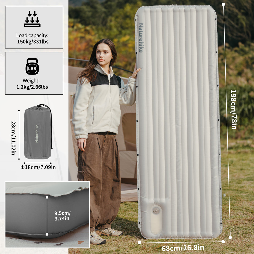 Naturehike Libamboo Connectable Sleeping Pad detailed size and weight display, highlighting compact packability, ultralight build, and comfortable thickness for outdoor camping and adventure trips.