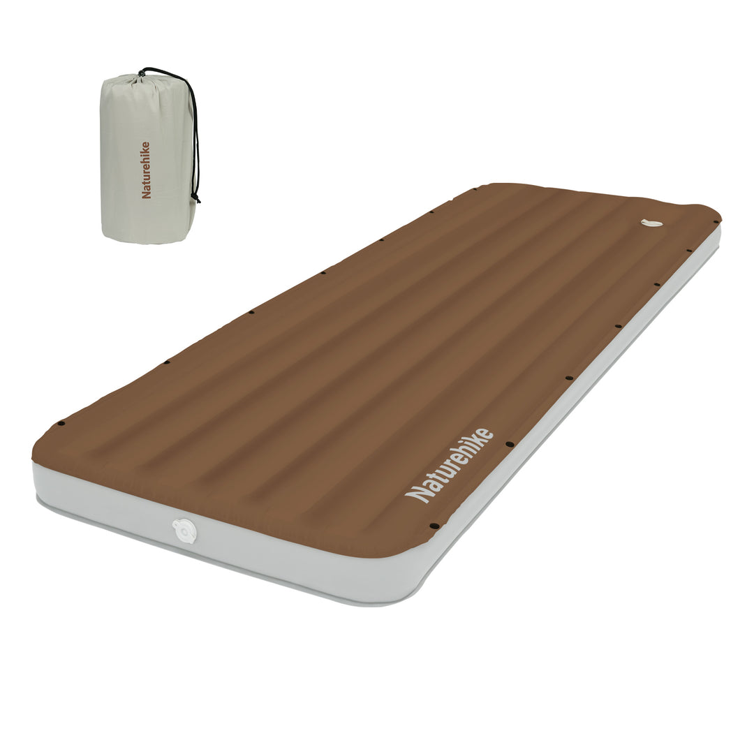 Naturehike Libamboo Connectable Inflatable Pad in Caramel color with built-in foot pump on white background, ultralight and durable camping air mattress for hiking, backpacking, and outdoor adventures.