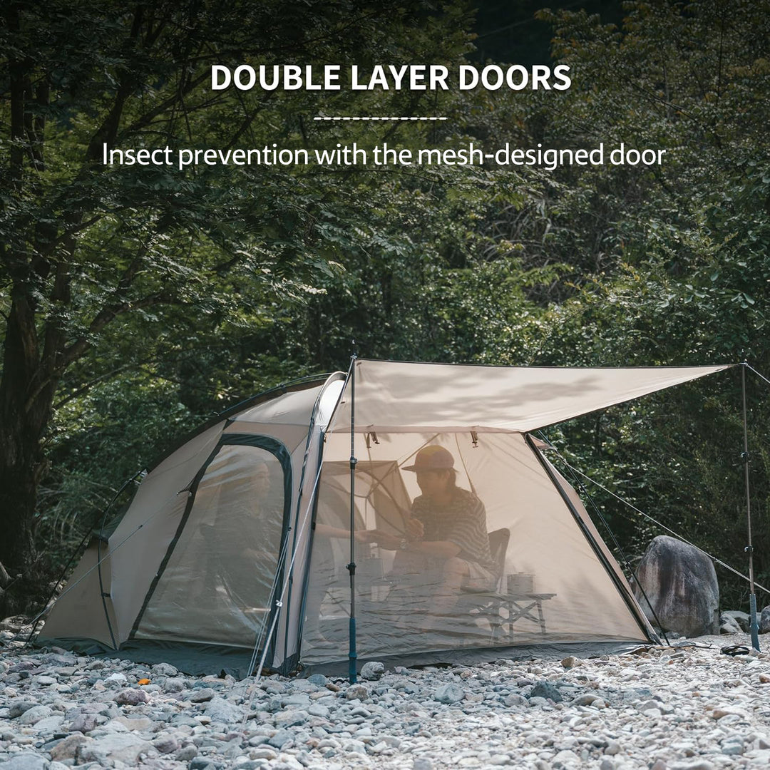 Naturehike Massif 2-Person Hot Tent showing double-door design with mesh panels, providing effective insect protection and enhanced ventilation for comfortable outdoor camping.