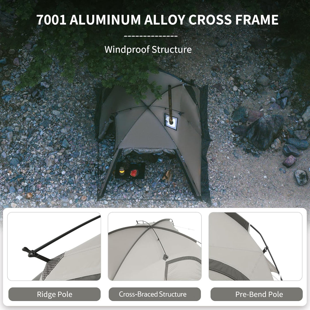 Naturehike Massif 2-Person Hot Tent close-up of tent pole design, highlighting its durable aluminum alloy frame and windproof structure for stable all-season camping.