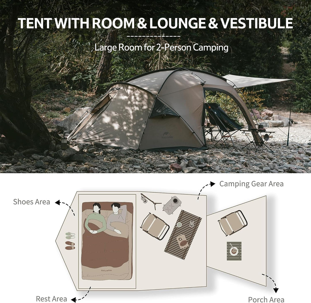 Naturehike Massif 2-Person Hot Tent illustrating its roomy one-room-plus-hall layout, comfortably accommodating two people for sleeping, cooking, and indoor activities during camping trips.
