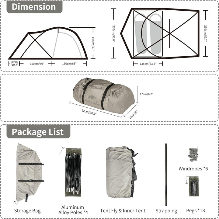 Naturehike Massif 2-Person Hot Tent detailed view showing dimensions, packed weight, and included accessories, highlighting its lightweight and portable design for convenient all-season camping.
