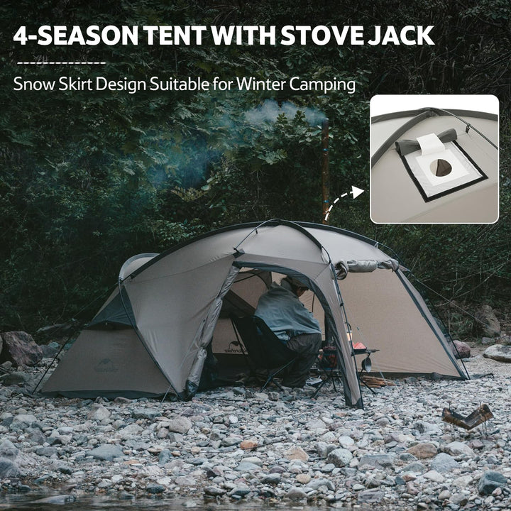 Naturehike Massif 2-Person Hot Tent featuring built-in fire-resistant stove jack and snow skirt, compatible with wood stoves, ideal for winter camping and reliable four-season outdoor adventures.