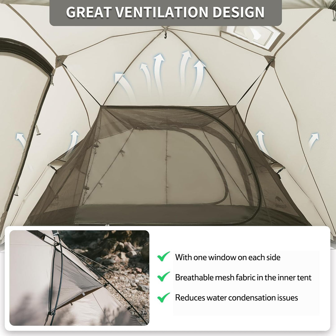 Naturehike Massif 2-Person Hot Tent interior showing effective airflow and ventilation system, designed to reduce condensation and maintain a comfortable environment for all-season camping.