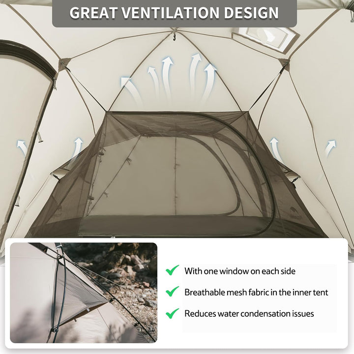 Naturehike Massif 2-Person Hot Tent interior showing effective airflow and ventilation system, designed to reduce condensation and maintain a comfortable environment for all-season camping.