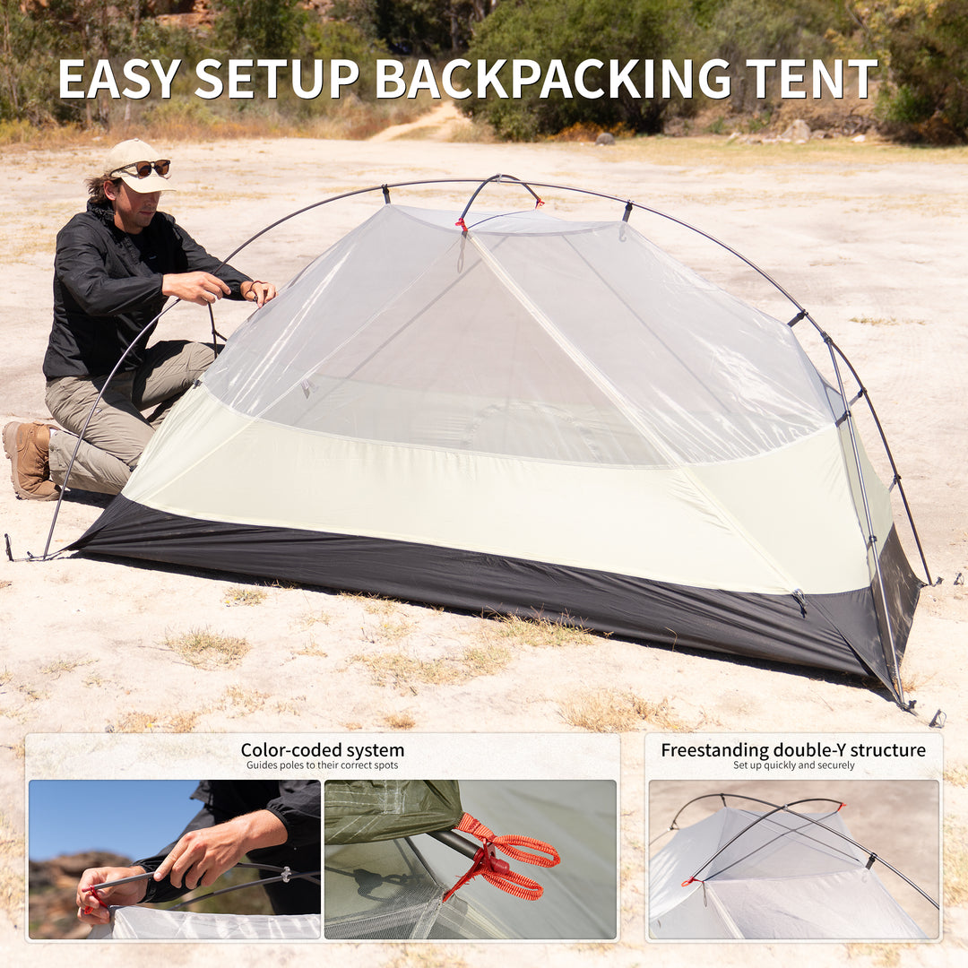 Naturehike Mongar Pro 1-Person ultralight backpacking tent easy setup system with color coded pole connections and freestanding double Y structure, lightweight 3 season hiking and trekking tent designed for fast pitch solo camping