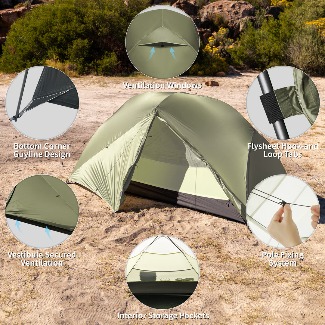 Naturehike Mongar Pro 1-Person ultralight backpacking tent design details showing ventilation windows flysheet hook and loop tabs reinforced bottom corner guyline design secured vestibule ventilation interior storage pockets and pole fixing system for stable 3 season hiking and camping use