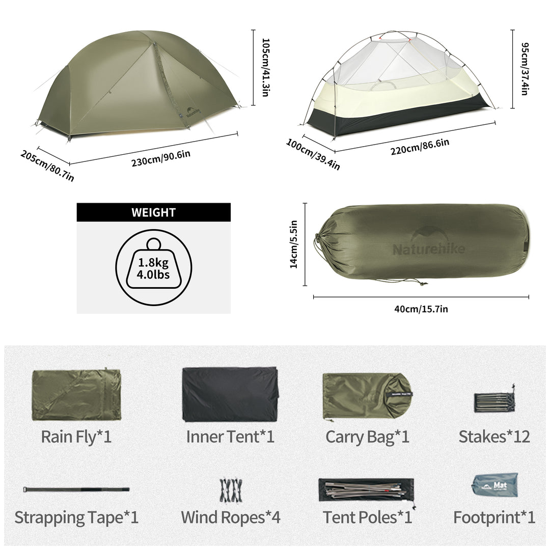 Naturehike Mongar Pro 1-Person ultralight backpacking tent specification layout showing tent dimensions peak height packed size trail weight total weight and full accessories list including rainfly inner tent aluminum poles stakes guylines and stuff sack for 3 season hiking trekking and camping use