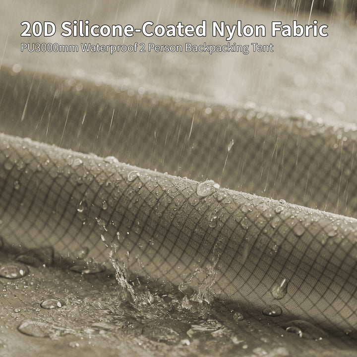 Naturehike Mongar Pro 2-Person ultralight backpacking tent fabric close up showing 20D silicone coated nylon material with PU3000mm waterproof rating, lightweight and durable fabric designed for two person hiking, trekking and three season camping in wet weather conditions