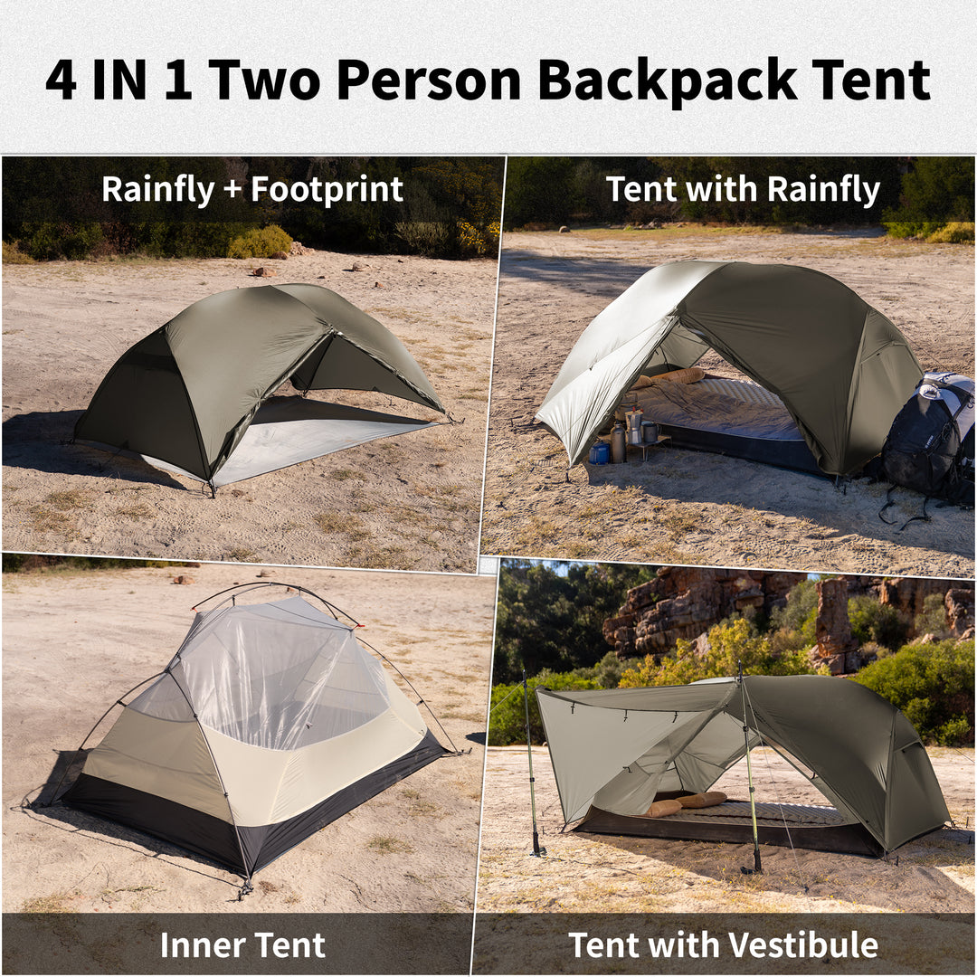 Naturehike Mongar Pro 2-Person ultralight backpacking tent showing four in one setup configurations, including tent with rainfly and footprint, tent with rainfly, inner tent only, and tent with vestibule, versatile freestanding backpacking shelter designed for hiking, trekking and multi season camping use