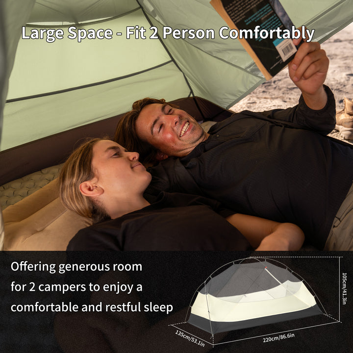 Naturehike Mongar Pro 2-Person ultralight backpacking tent in real outdoor sleeping scene with two people lying comfortably inside, featuring large interior space that fits two campers comfortably, offering generous room for a restful and comfortable sleep during hiking, trekking and multi day backpacking camping trips