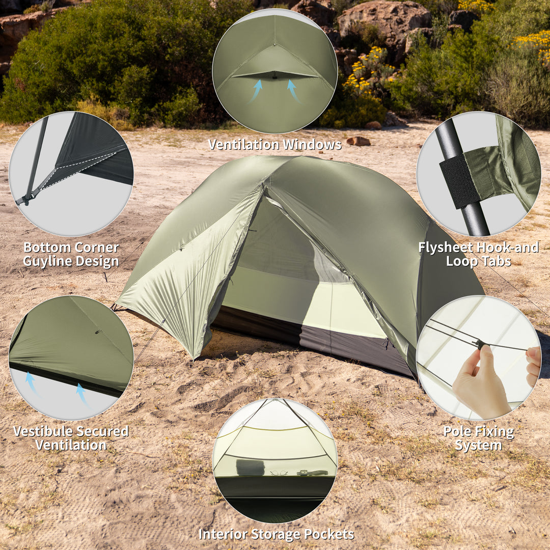 Naturehike Mongar Pro 2-Person ultralight backpacking tent design details close up showing ventilation windows, bottom corner guylines design, secured vestibule ventilation, interior storage pockets, reliable pole fixing system and flysheet hook and loop tabs, highlighting thoughtful construction for stable, breathable and organized hiking and trekking camping