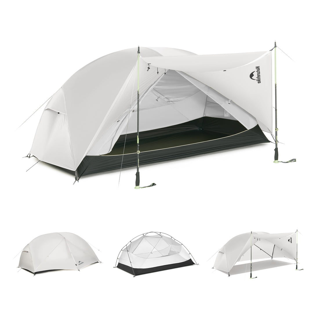 Naturehike Mongar Pro 2-Person ultralight backpacking tent in gray color displaying four different setup configurations on white background, freestanding double wall 3 season waterproof hiking and trekking tent with inner tent, fly only, fast pitch and full setup modes for flexible outdoor camping