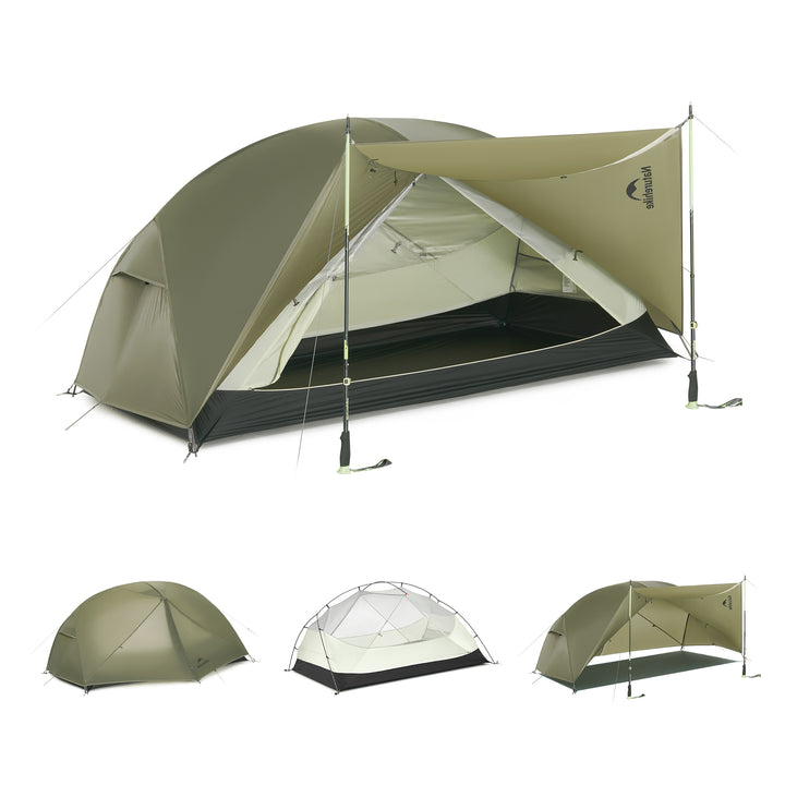 Naturehike Mongar Pro 2-Person ultralight backpacking tent in green color showing four setup configurations on white background, freestanding double wall 3 season hiking and trekking tent with fly only, inner tent, fast pitch and full setup options for versatile outdoor camping