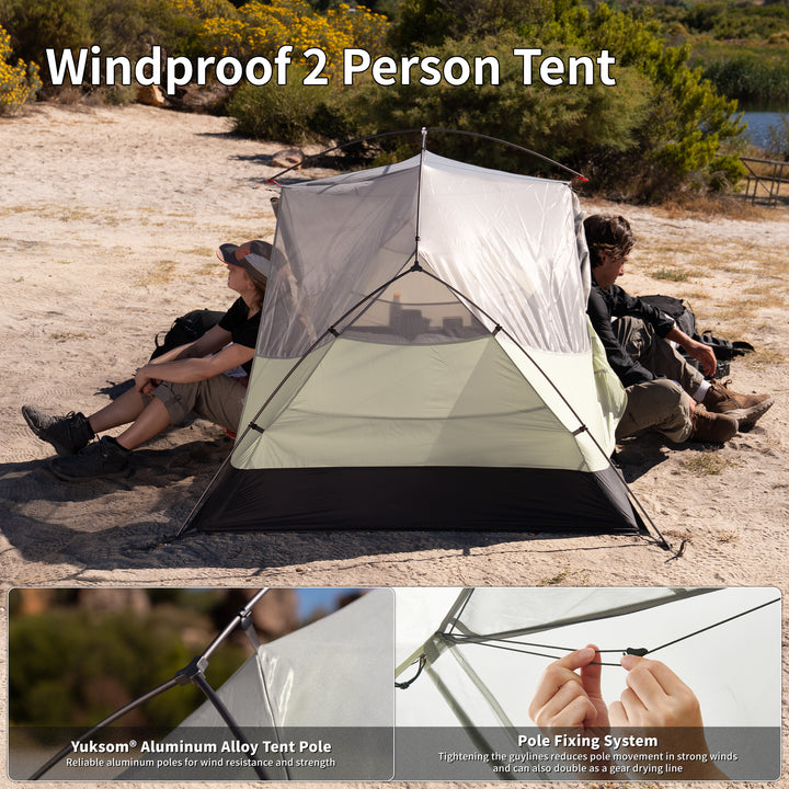 Naturehike Mongar Pro 2-Person ultralight backpacking tent inner tent real outdoor view with two people sitting inside, windproof design supported by reliable aluminum alloy tent poles, featuring secure pole fixing system and adjustable guylines to reduce pole movement in strong winds and double as a gear drying line for stable and durable hiking and trekking camping