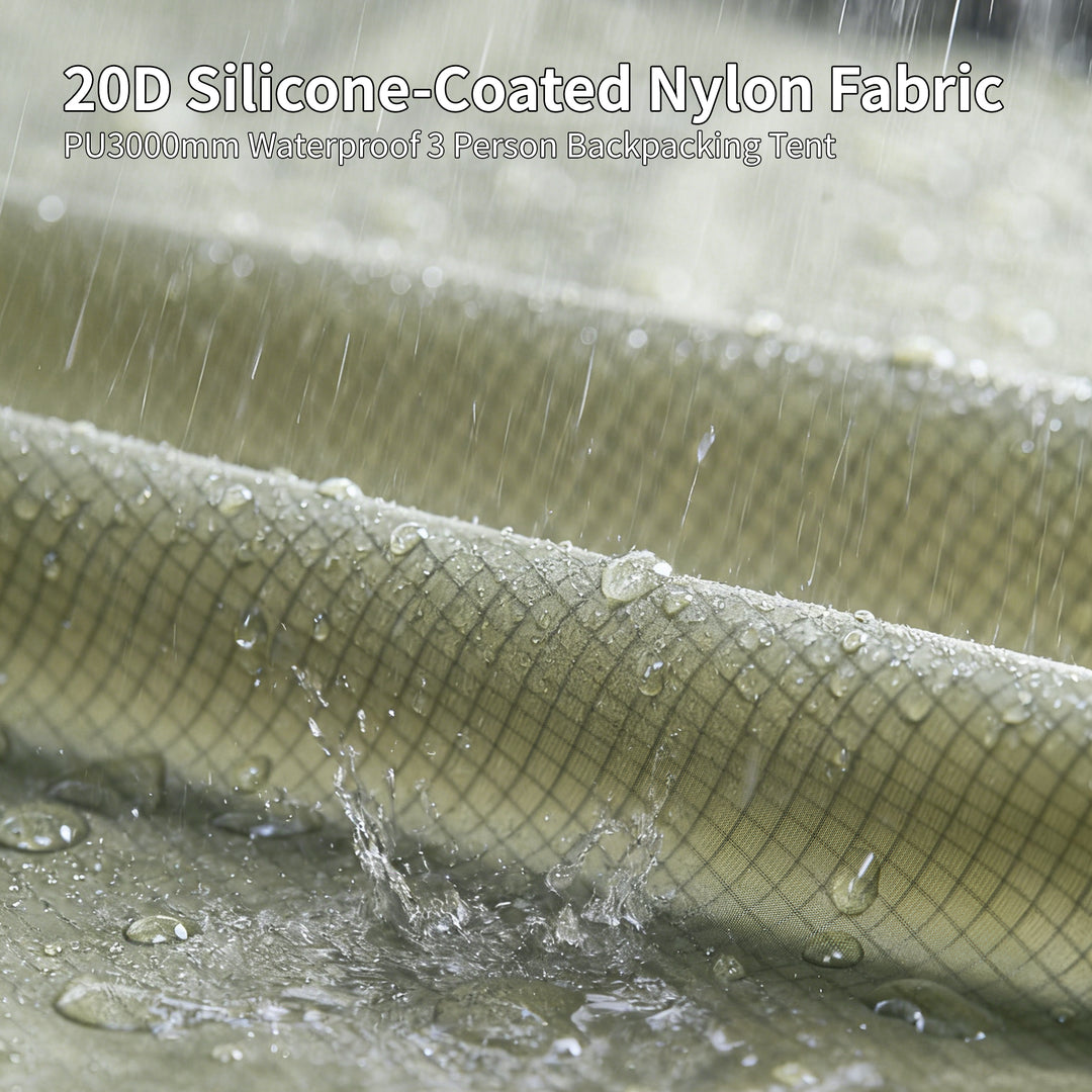 Naturehike Mongar Pro 3-Person ultralight backpacking tent fabric close up showing premium 20D silicone-coated nylon material with PU3000mm waterproof rating, lightweight and durable fabric designed for three person hiking, trekking and three season camping in wet weather conditions