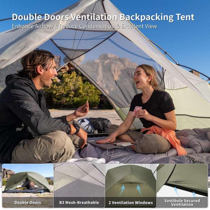 Naturehike Mongar Pro 3-Person ultralight backpacking tent in outdoor lifestyle scene with two people relaxing inside the inner tent, featuring double doors ventilation design with B3 breathable mesh, two ventilation windows and secured vestibule airflow to enhance airflow, reduce condensation and provide an excellent interior view for hiking and trekking camping