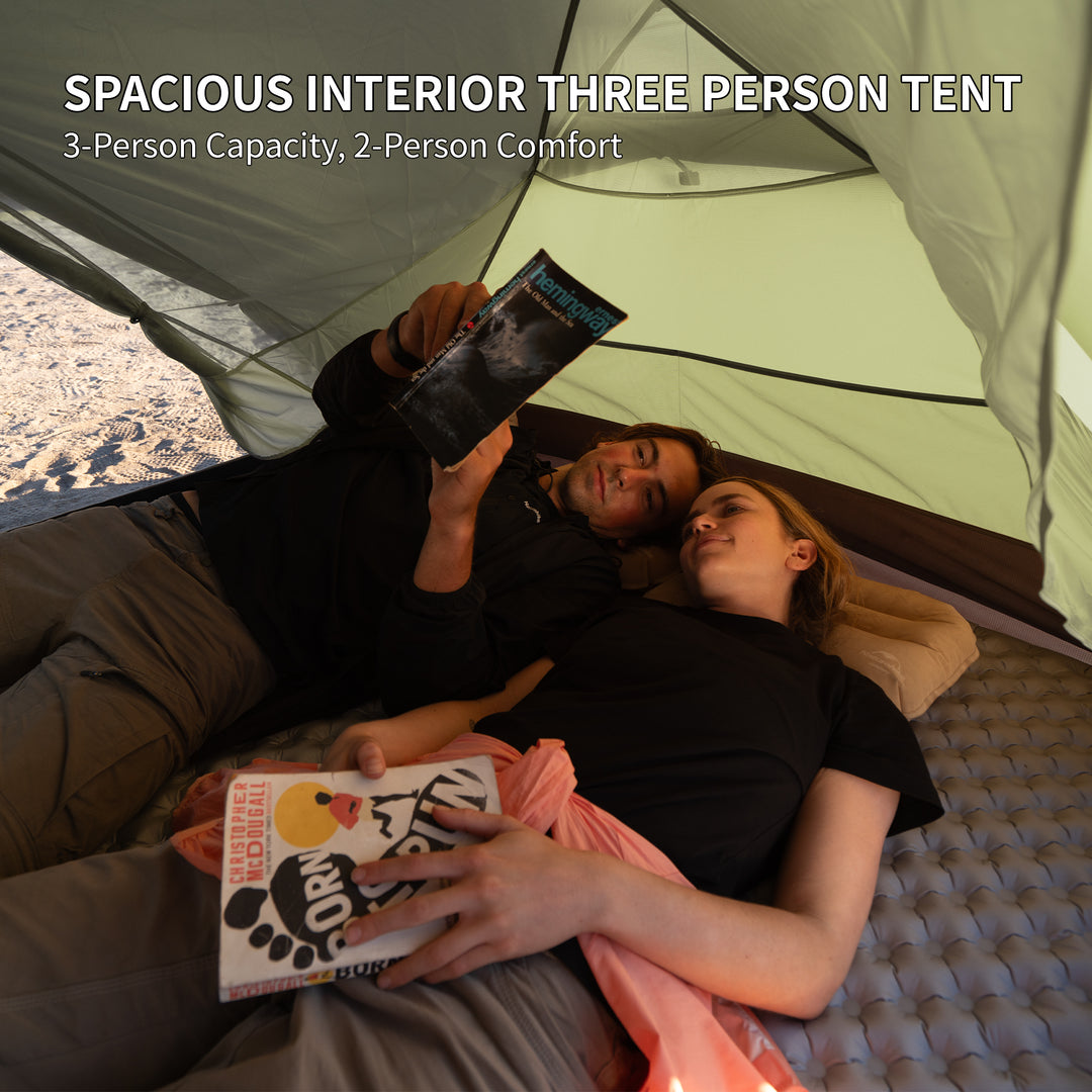 Naturehike Mongar Pro 3-Person ultralight backpacking tent in real outdoor sleeping scene with two people sleeping comfortably inside, featuring a spacious interior that offers three person capacity with two person comfort, providing generous room for a restful and comfortable sleep during hiking, trekking and multi day backpacking camping trips