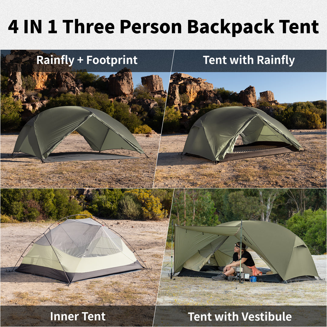 Naturehike Mongar Pro 3-Person ultralight backpacking tent showing four versatile setup modes including inner tent only, tent with rainfly, rainfly with footprint, and full tent with vestibule, demonstrating flexible 4-in-1 configurations for different weather conditions, lightweight hiking, trekking and outdoor camping scenarios