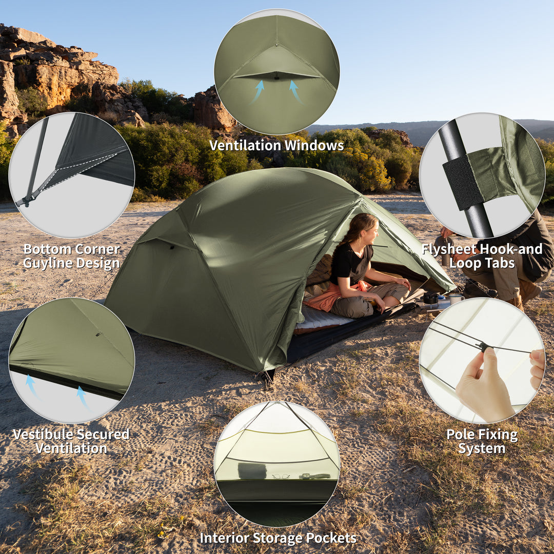 Naturehike Mongar Pro 3-Person ultralight backpacking tent design details close up showing ventilation windows, bottom corner guyline design, secured vestibule ventilation, interior storage pockets, reliable pole fixing system and flysheet hook and loop tabs, highlighting thoughtful construction for stable, breathable and well organized three person hiking and trekking camping