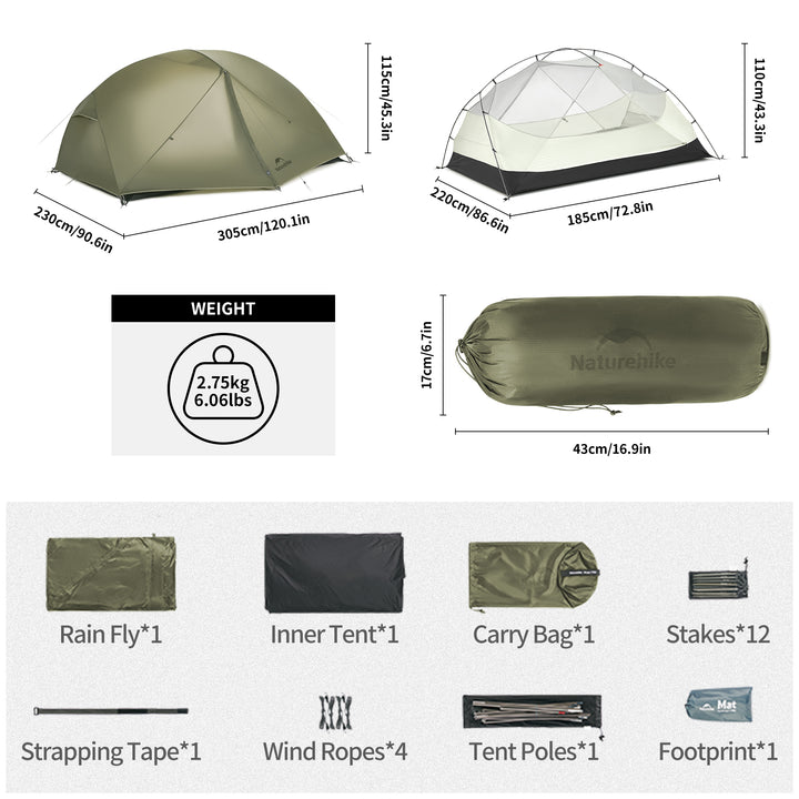 Naturehike Mongar Pro 3-Person ultralight backpacking tent specifications overview showing detailed weight, dimensions and included accessories, lightweight freestanding double wall hiking and trekking tent designed for three person camping and multi day backpacking adventures