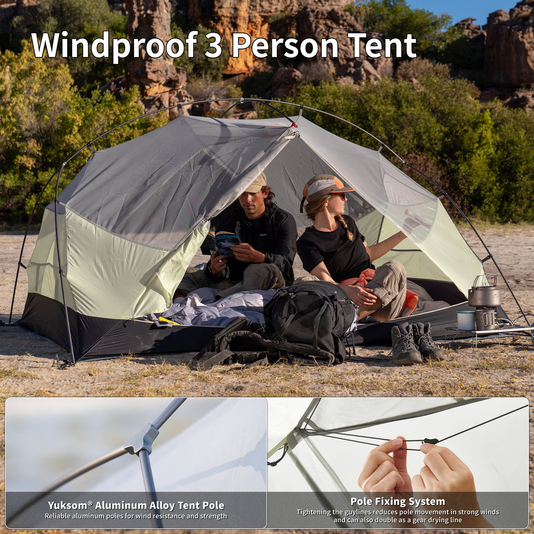 Naturehike Mongar Pro 3-Person ultralight backpacking tent inner tent in outdoor setting, featuring windproof design supported by durable YUKSOM aluminum alloy tent poles, secure pole fixing system and adjustable guylines that reduce pole movement in strong winds and can also be used as a gear drying line, providing stable and reliable shelter for hiking and trekking camping