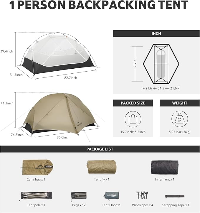 Naturehike Mongar UL 1 man tent showing dimensions, interior and exterior views, and included accessories, ultralight and ideal for backpacking, complete setup for hiking trips.