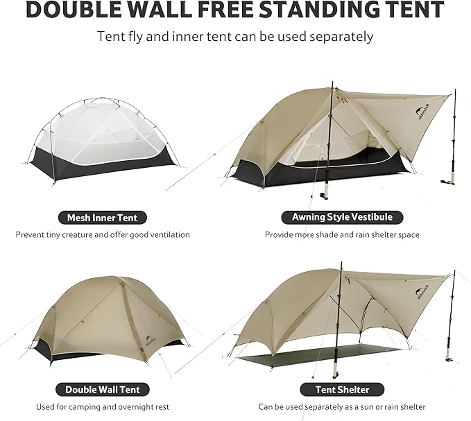Four views of Naturehike Mongar UL 1 man tent showing mesh inner tent, awning style vestibule, double wall setup, and tent shelter, ultralight and ideal for backpacking and hiking.