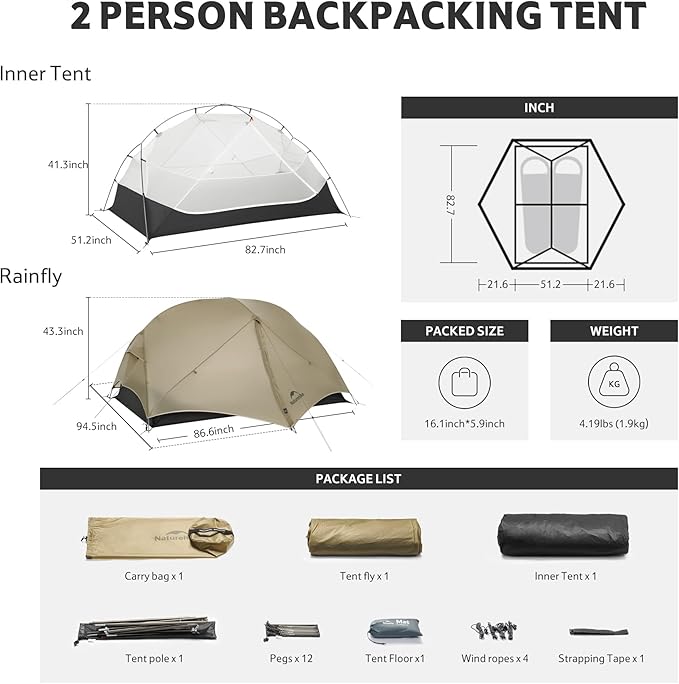 Naturehike Mongar UL 2 person tent showing dimensions, interior and exterior views, and included accessories, ultralight and ideal for backpacking, complete setup for hiking trips.