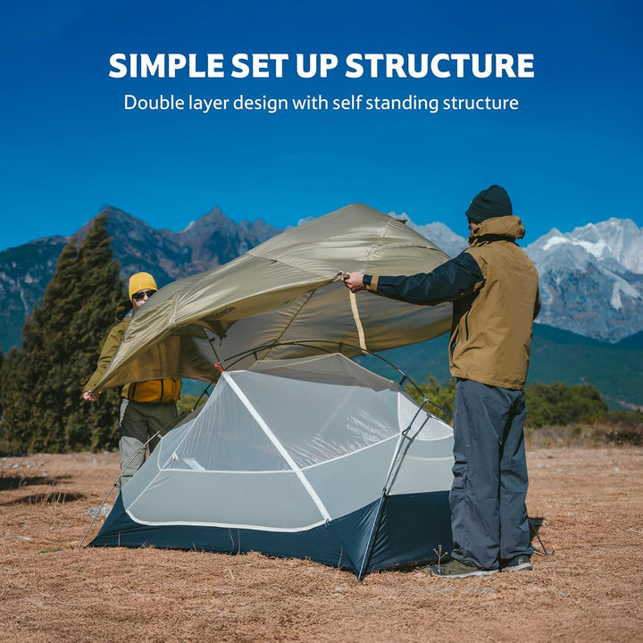 Two hikers setting up the outer fly of Naturehike Mongar UL 2 men tent, highlighting simple structure, double layer design, and freestanding setup, ultralight and ideal for backpacking and hiking.