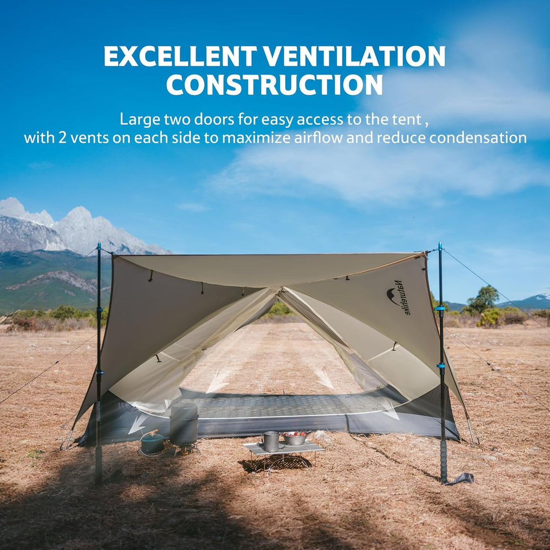 Fully set up Naturehike Mongar UL 2 men tent with large two doors for easy access, dual side vents for excellent ventilation and reduced condensation, ideal for hiking and backpacking.