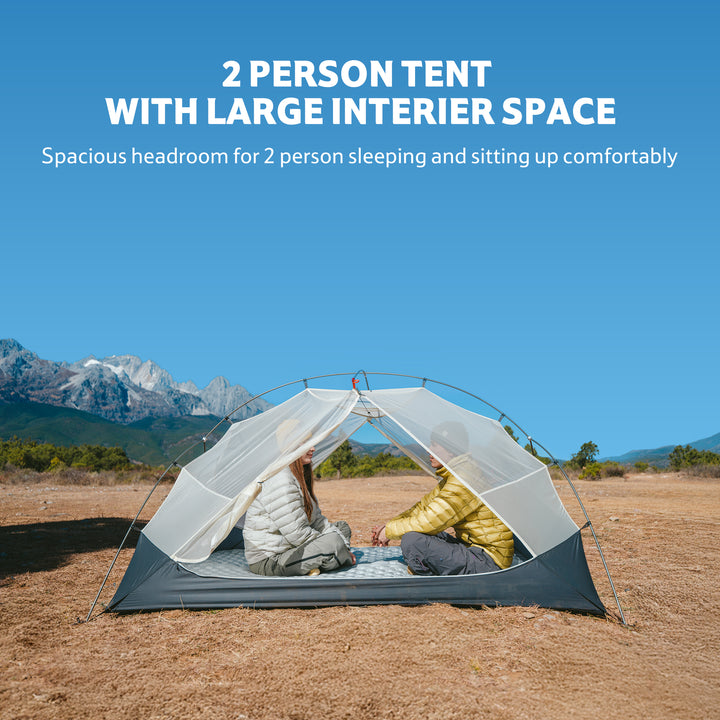 Naturehike Mongar UL 2-Person Tent interior view with only the mesh inner tent pitched, showing two people comfortably seated. Highlights spacious headroom and excellent ventilation for warm weather camping.
