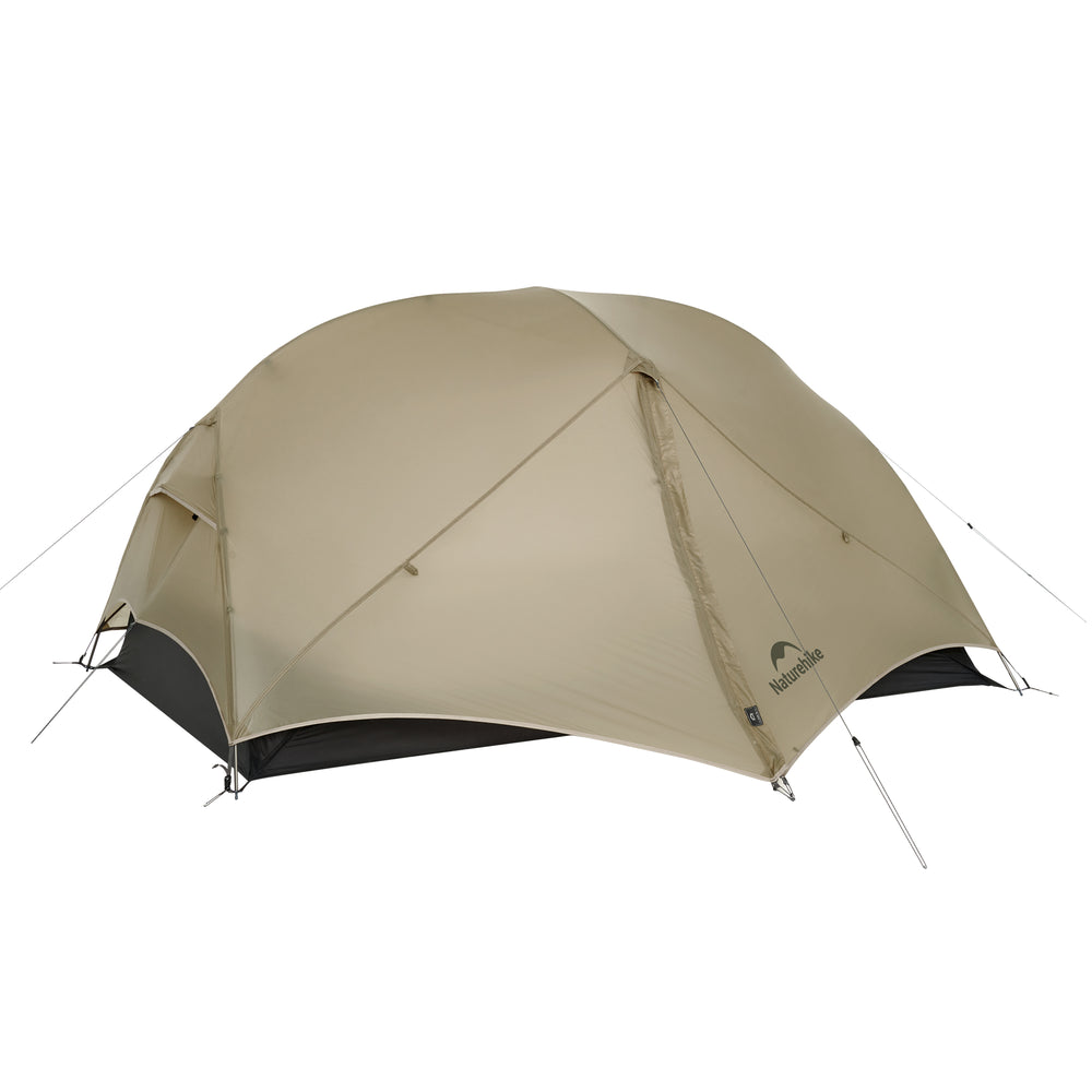 Naturehike Mongar UL 2-Person Ultralight Backpacking Tent in Moon Sand color on white background, showing the expandable awning set up with trekking poles for sun and rain protection. Perfect for solo or two-person camping.