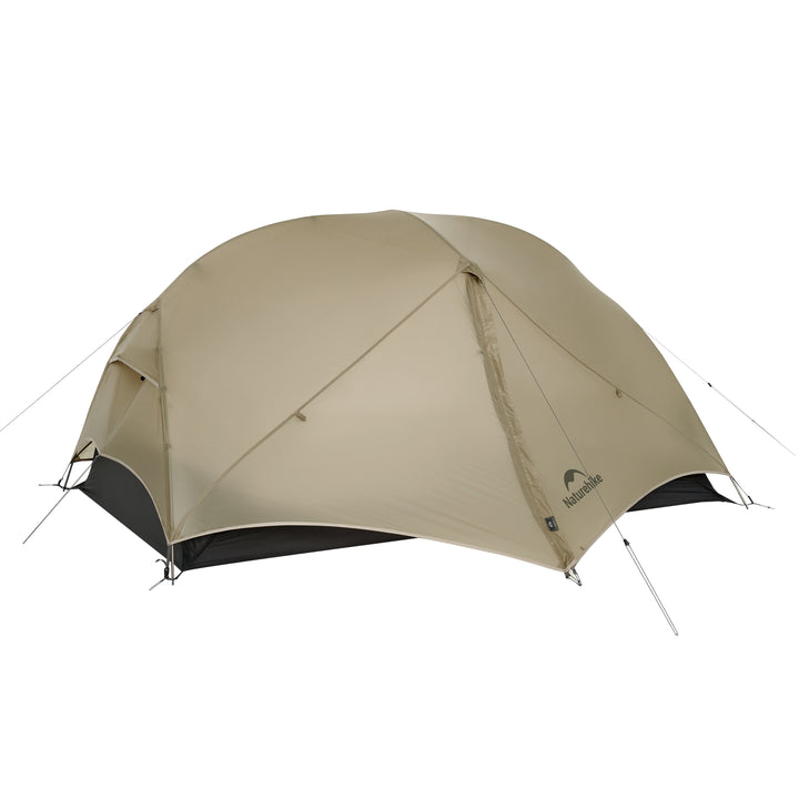 Naturehike Mongar UL 2-Person Ultralight Backpacking Tent in Moon Sand color on white background, showing the expandable awning set up with trekking poles for sun and rain protection. Perfect for solo or two-person camping.