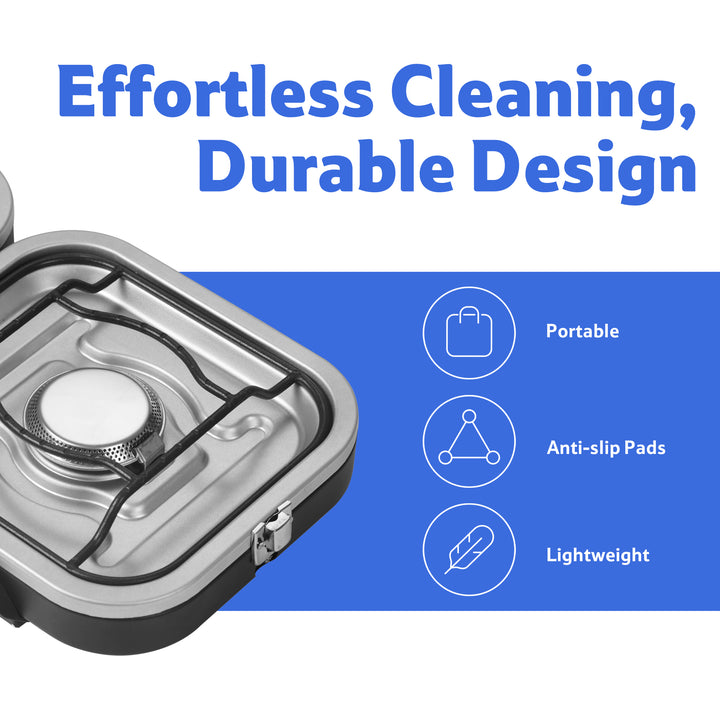 Overview of the IAPMO certified Naturehike Phantom 2-Burner Folding Camping Stove features: highlighting effortless cleaning, lightweight, durable design, and anti-slip pads for stable, portable outdoor use.