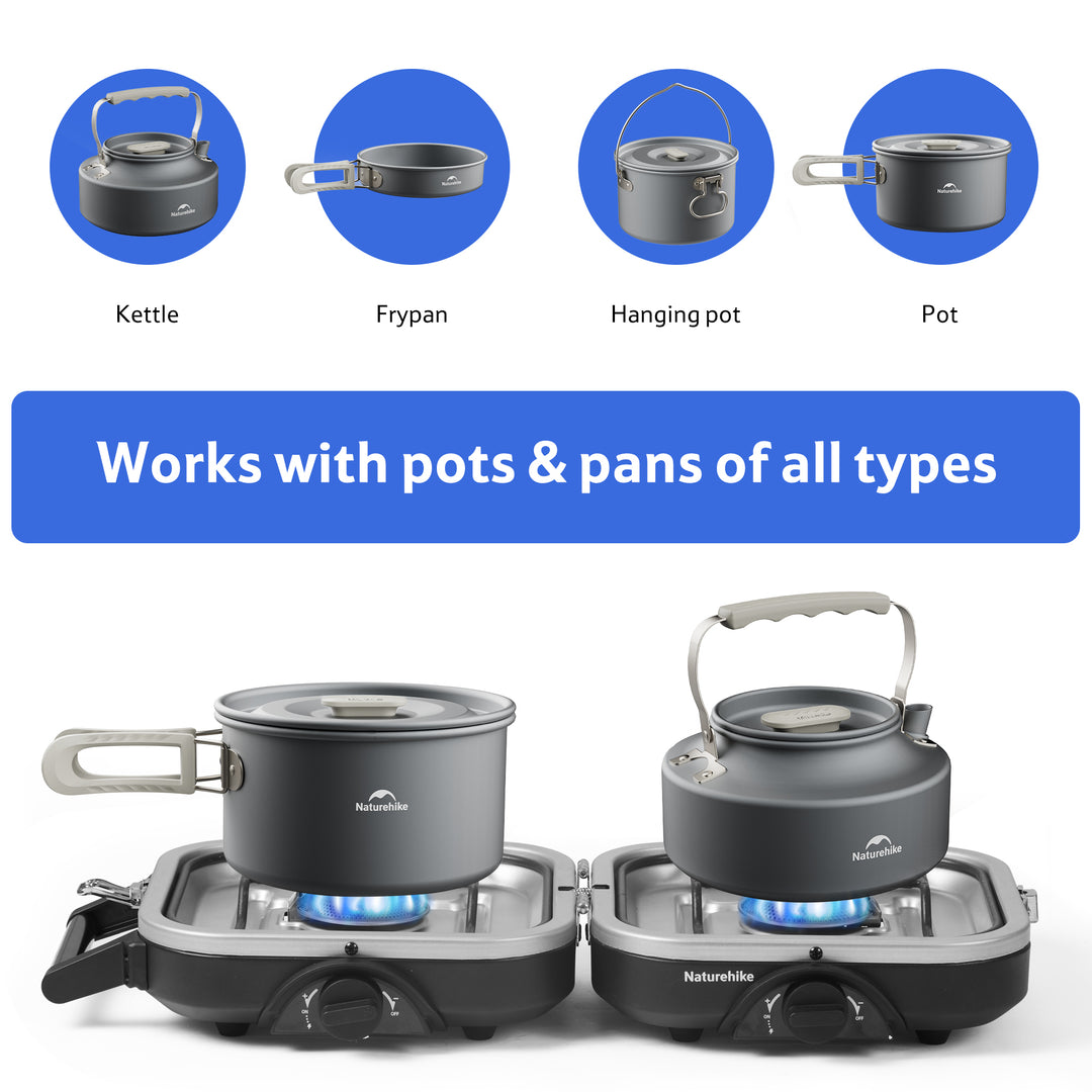 The IAPMO certified Naturehike Phantom 2-Burner Folding Camping Stove demonstrated with various types of cookware, highlighting its universal compatibility with pots and pans for diverse outdoor cooking needs.