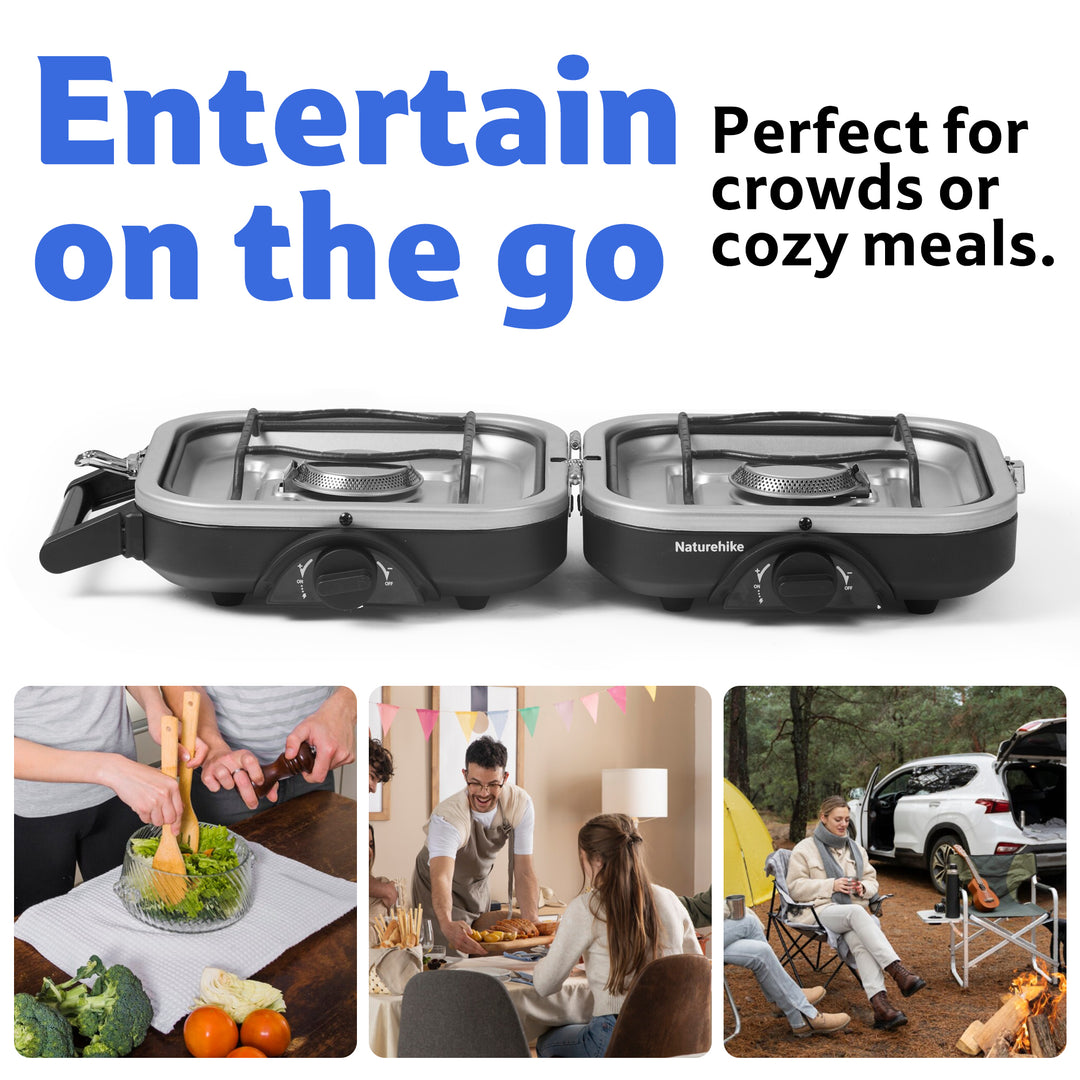 The IAPMO certified Naturehike Phantom 2-Burner Folding Camping Stove in a lively outdoor setting, perfect for entertaining crowds or preparing cozy meals on the go, highlighting its versatility for any gathering.