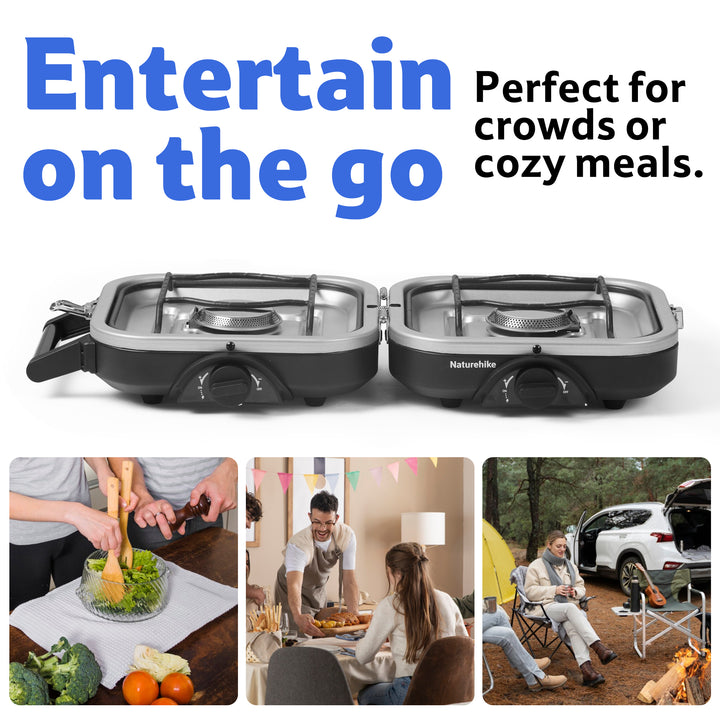 The IAPMO certified Naturehike Phantom 2-Burner Folding Camping Stove in a lively outdoor setting, perfect for entertaining crowds or preparing cozy meals on the go, highlighting its versatility for any gathering.
