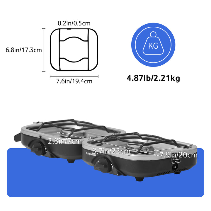 Technical image of the IAPMO certified Naturehike Phantom 2-Burner Folding Camping Stove, detailing the compact folded dimensions, expanded cooking size, and product weight for easy transportation and setup.