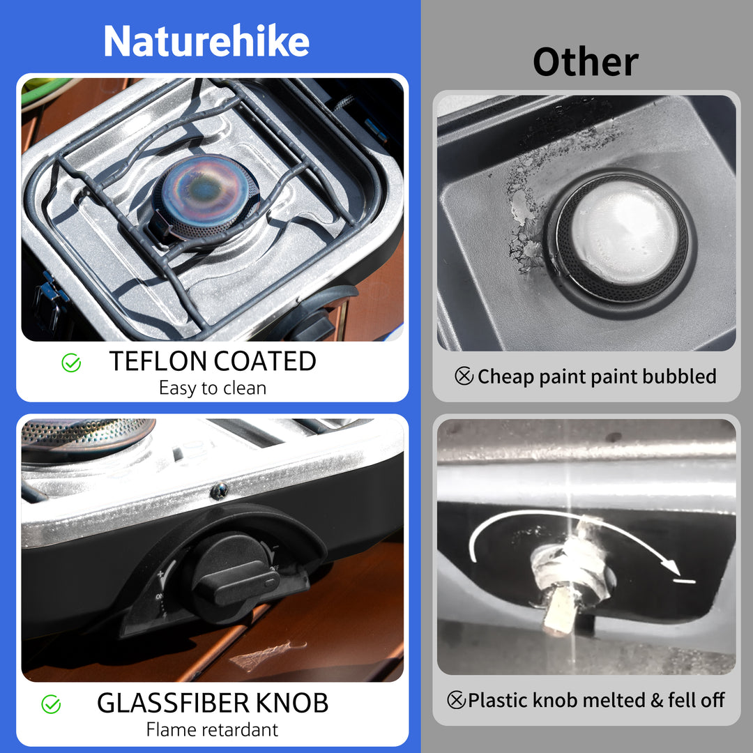 Detailed close-up of the IAPMO certified Naturehike Phantom 2-Burner Folding Camping Stove, showcasing its easy-to-clean Teflon-coated surfaces and flame-retardant glass fiber control knobs for enhanced user safety and convenience.