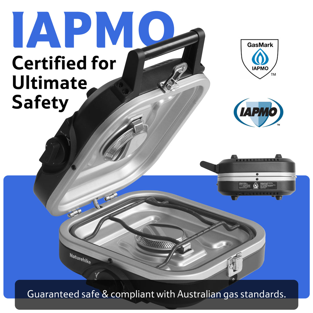 Close-up of the Naturehike Phantom 2-Burner Folding Camping Stove, highlighting the IAPMO certification logo, ensuring the highest standards of safety and reliability for your outdoor cooking experience.