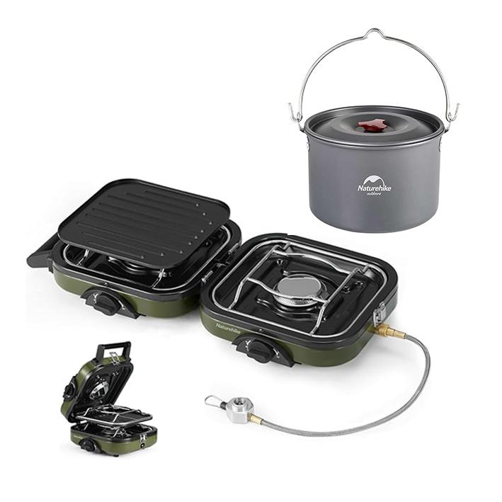 Naturehike Phantom 2-Burner Folding Camping Stove Isobutane option with the 4L Hanging Pot, showing the stove unfolded and ready for large-capacity cooking, ideal for group camping meals on a white background.