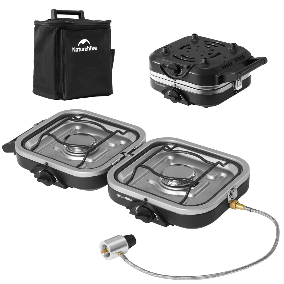 Naturehike Phantom 2-Burner Folding Camping Stove Propane model, IAPMO certified for safety, showing both the compact form inside the storage bag and the fully unfolded stove on a white background. Ideal for reliable outdoor use.