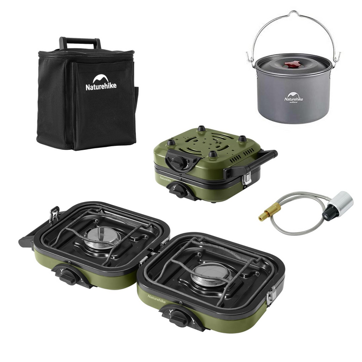 Naturehike Phantom 2-Burner Folding Camping Stove Propane model combo, featuring the 4L Hanging Pot and storage bag, showcasing a complete, portable cooking system for large family or group camping trips.