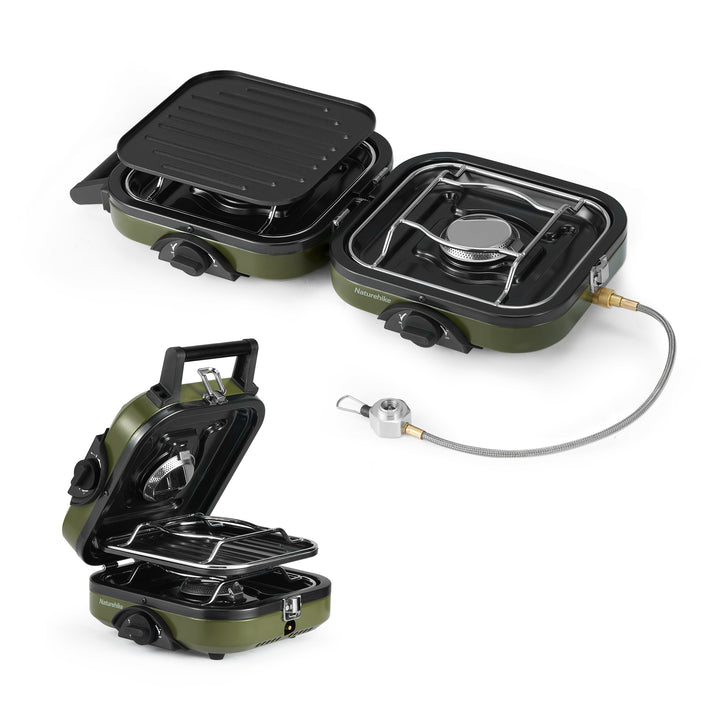 Naturehike Phantom 2-Burner Folding Camping Stove Isobutane model, showcasing both the compact packed form and the fully unfolded stove with its included griddle, all on a clean white background. Ideal for versatile outdoor cooking.